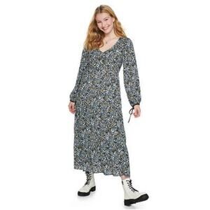 NWT Long Sleeve Cottagecore Tiered Black Blue Ditsy Floral Maxi Dress Size M